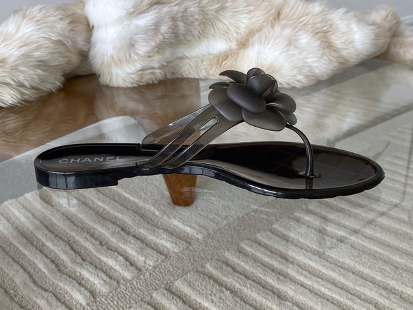 Chanel Graphite Camellia Jelly Sandals | Sz40