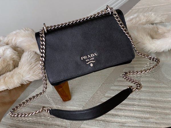 Prada Black Tessuto & Saffiano Pattina Chain Flap