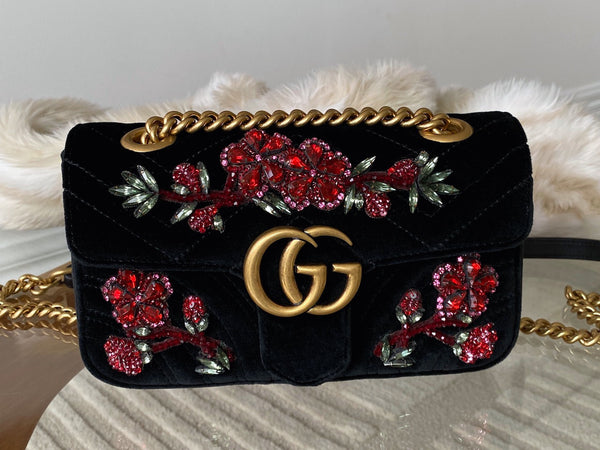 Gucci LE Black Matelassé Chevron Velvet Mini Beaded GG Marmont | BNIB