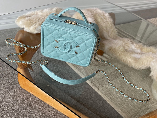 Chanel Tiffany Blue Caviar Small Filigree Vanity Case