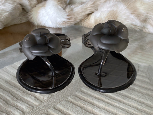 Chanel Graphite Camellia Jelly Sandals | Sz40