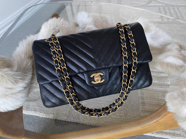 Chanel Black Lambskin Chevron Medium Classic Double Flap AGHW