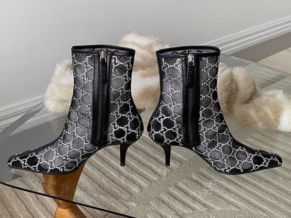 Gucci Nero Malaga Kid GG 75 Crystal-Embellished Tom Mesh Ankle Boots | Sz 37.5