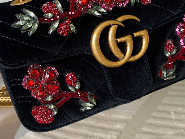 Gucci LE Black Matelassé Chevron Velvet Mini Beaded GG Marmont | BNIB