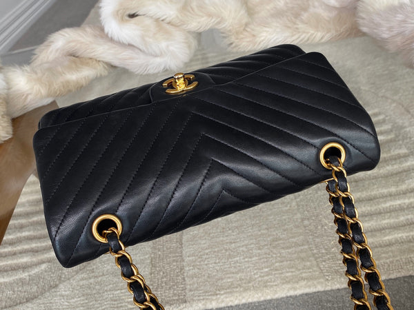 Chanel Black Lambskin Chevron Medium Classic Double Flap AGHW