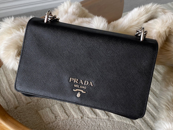 Prada Black Tessuto & Saffiano Pattina Chain Flap