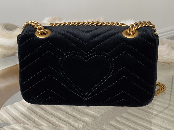 Gucci LE Black Matelassé Chevron Velvet Mini Beaded GG Marmont | BNIB