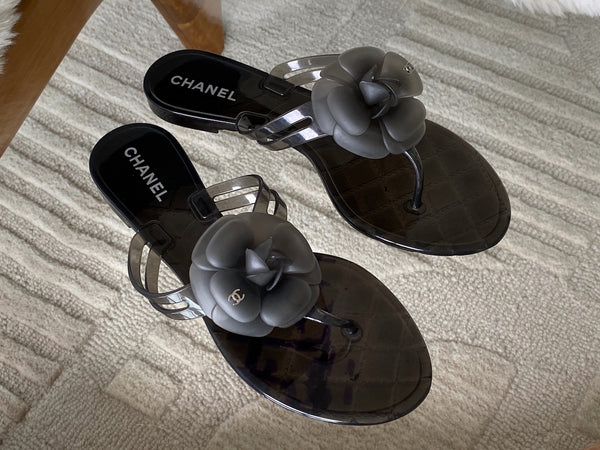 Chanel Graphite Camellia Jelly Sandals | Sz40