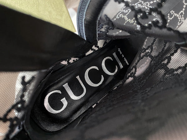 Gucci Nero Malaga Kid GG 75 Crystal-Embellished Tom Mesh Ankle Boots | Sz 37.5