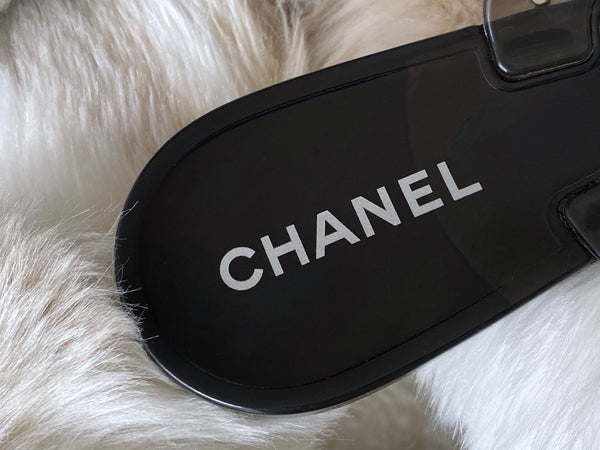 Chanel Graphite Camellia Jelly Sandals | Sz40