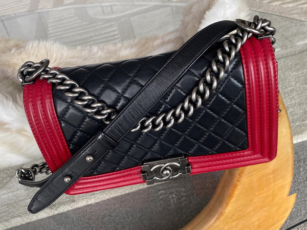 Chanel Red & Black Lambskin Medium Boy Bag