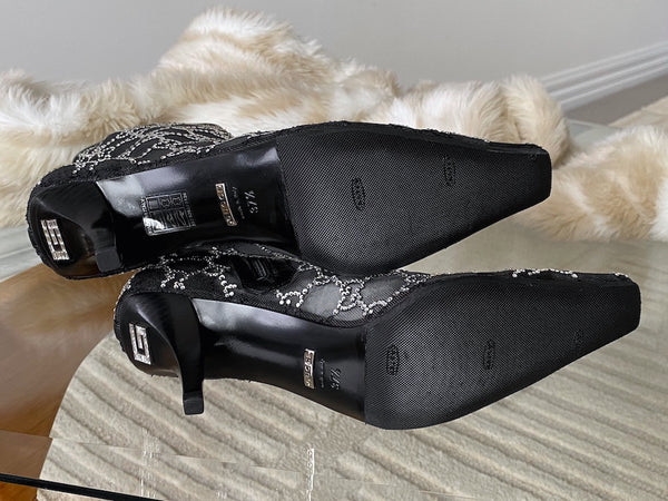 Gucci Nero Malaga Kid GG 75 Crystal-Embellished Tom Mesh Ankle Boots | Sz 37.5