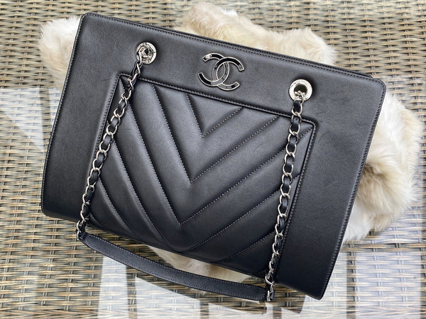 Chanel Chevron Graphite Sheepskin Large Mademoiselle Bag SHW