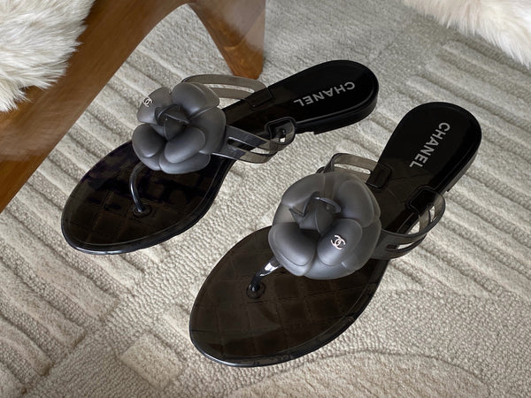 Chanel Graphite Camellia Jelly Sandals | Sz40