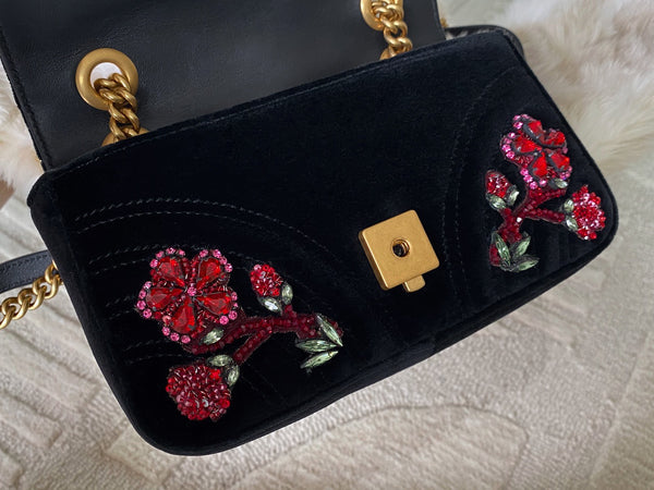Gucci LE Black Matelassé Chevron Velvet Mini Beaded GG Marmont | BNIB