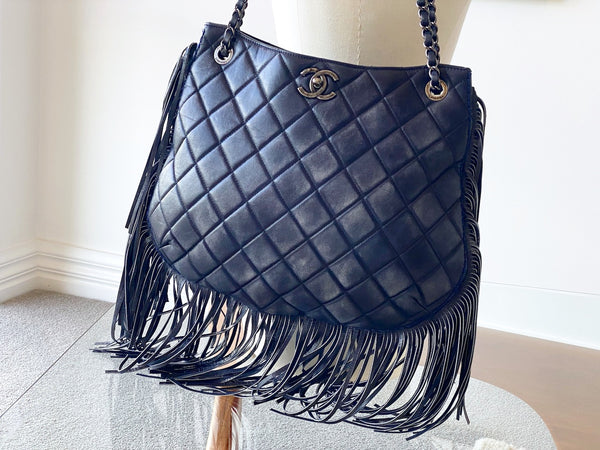 Chanel Navy Calfskin Into the Fringe Hobo