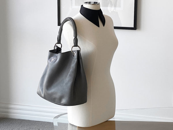 Prada Grey Vitello Daino Hobo