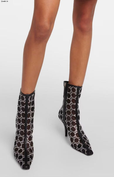 Gucci Nero Malaga Kid GG 75 Crystal-Embellished Tom Mesh Ankle Boots | Sz 37.5