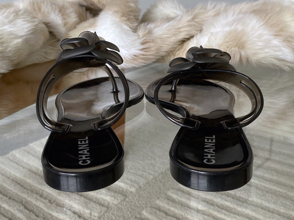 Chanel Graphite Camellia Jelly Sandals | Sz40