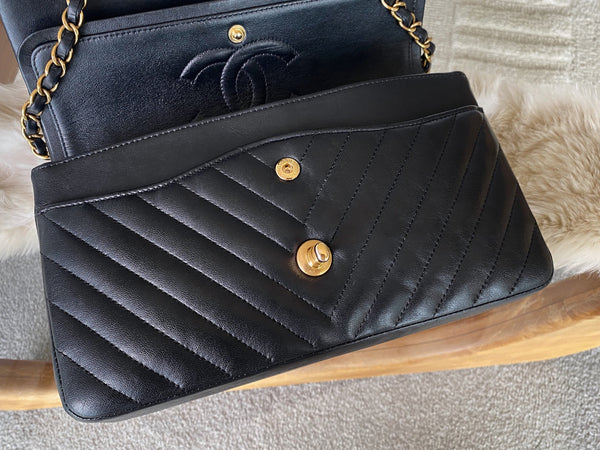 Chanel Black Lambskin Chevron Medium Classic Double Flap AGHW