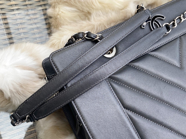 Chanel Chevron Graphite Sheepskin Large Mademoiselle Bag SHW
