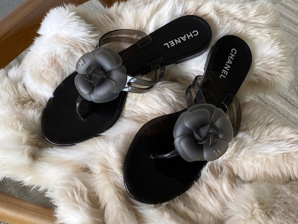 Chanel Graphite Camellia Jelly Sandals | Sz40