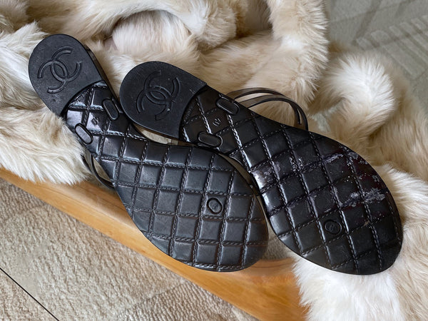 Chanel Graphite Camellia Jelly Sandals | Sz40