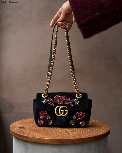 Gucci LE Black Matelassé Chevron Velvet Mini Beaded GG Marmont | BNIB