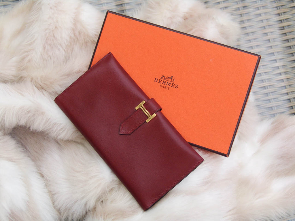 Hermès Rouge H Box Calf Leather Béarn Wallet GHW – My Haute