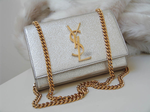 Saint Laurent L.E. Gold Laminated Calfskin Small Kate Chain Bag