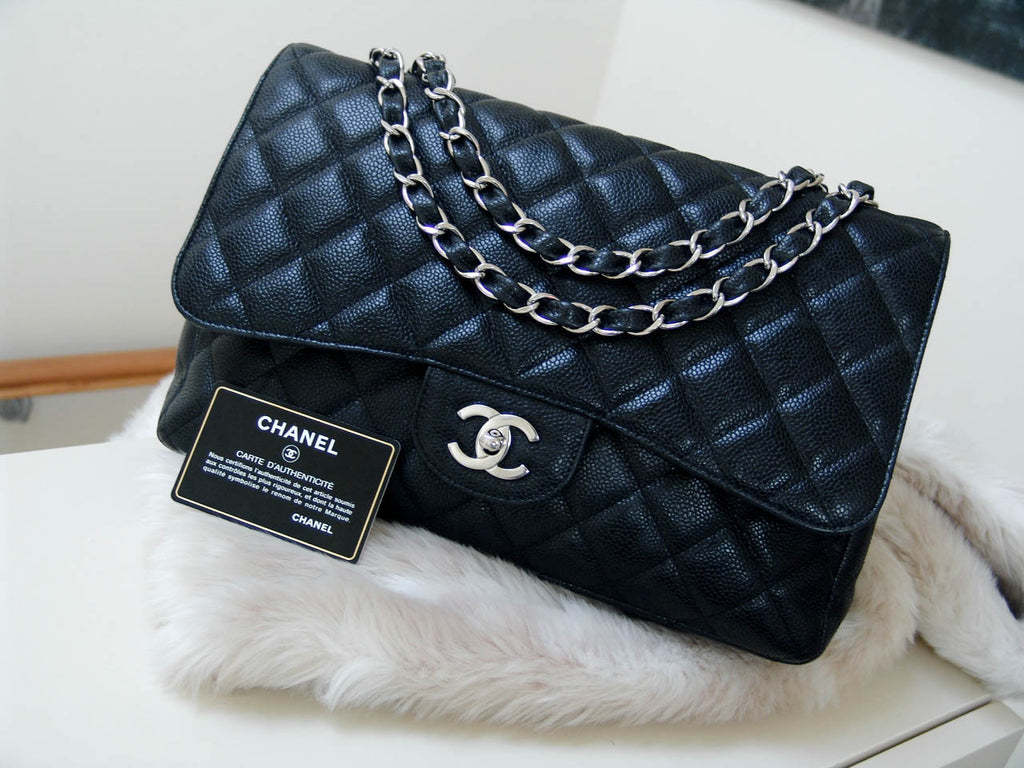 Chanel Classic Double Flap Quilted Caviar Silver-tone Jumbo Black - US
