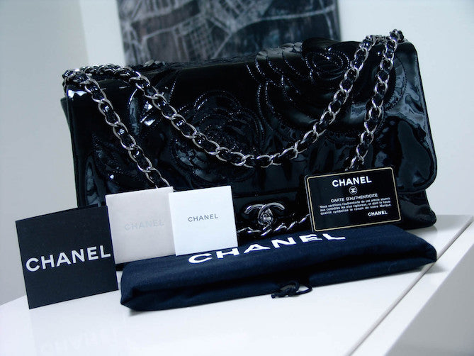 Chanel Black Patent & Tweed Camellia Flower Large Accordion Flap