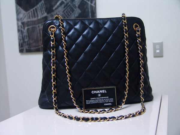 Chanel Lambskin Quilted Chain Zipper Tote