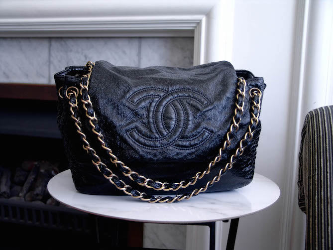 Chanel Black Patent Vinyl Large Rock and Chain Accordion Flap Bag Chanel