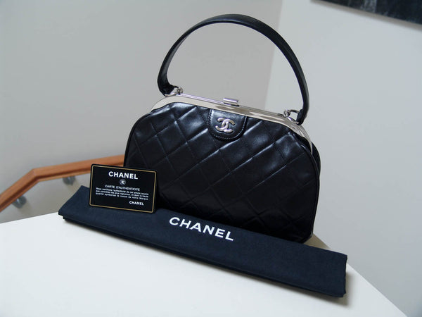 Chanel L.E. Black Lambskin Classic Top Handle Kisslock Bag
