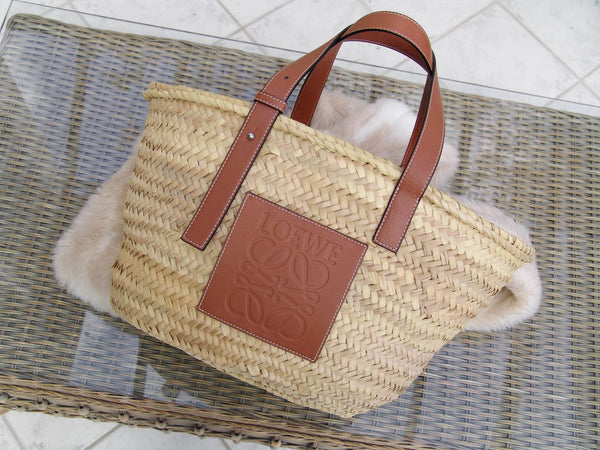 Loewe Palm Leaf & Tan Calfskin Medium Basket Bag | New