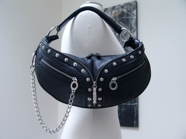 Versace Black Grained Calfskin Zipper Chain Bag