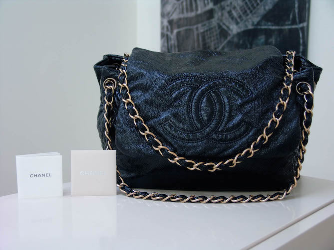 Chanel Black Patent Vinyl Large Rock and Chain Accordion Flap Bag Chanel