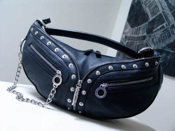 Versace Black Grained Calfskin Zipper Chain Bag