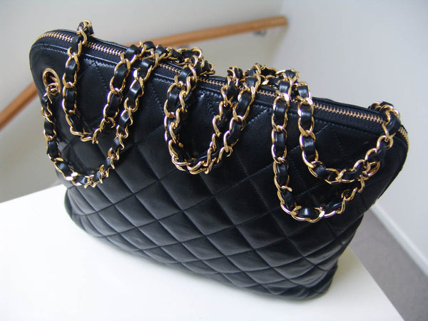 Chanel Black Lambskin Quilted Chain Zipper Tote