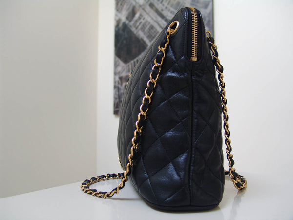 Chanel Black Lambskin Quilted Chain Zipper Tote