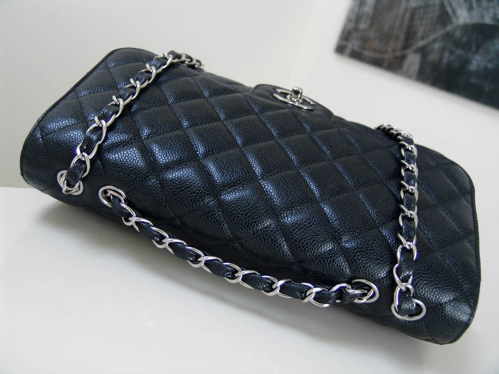 CHANEL Classic Black Quilted Caviar SHW Silver Chain Jumbo Large Flap Bag