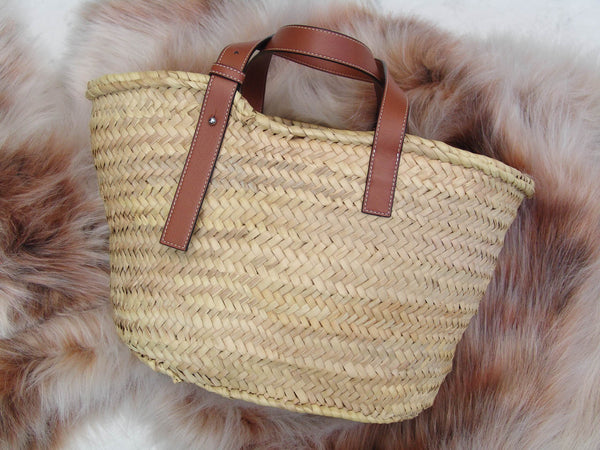 Loewe Palm Leaf & Tan Calfskin Medium Basket Bag | New