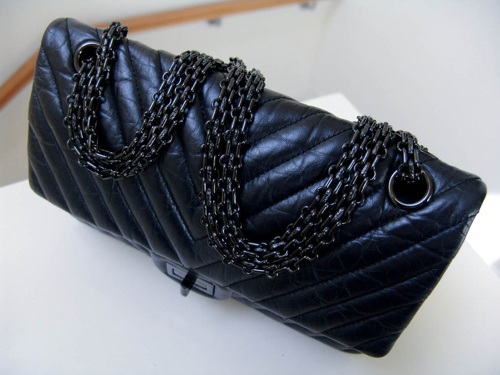 Chanel So Black Chevron Large Classic Double Flap Bag  Worlds Best