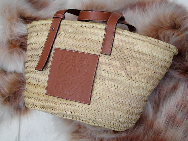 Loewe Palm Leaf & Tan Calfskin Medium Basket Bag | New