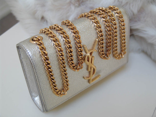 Saint Laurent L.E. Gold Laminated Calfskin Small Kate Chain Bag