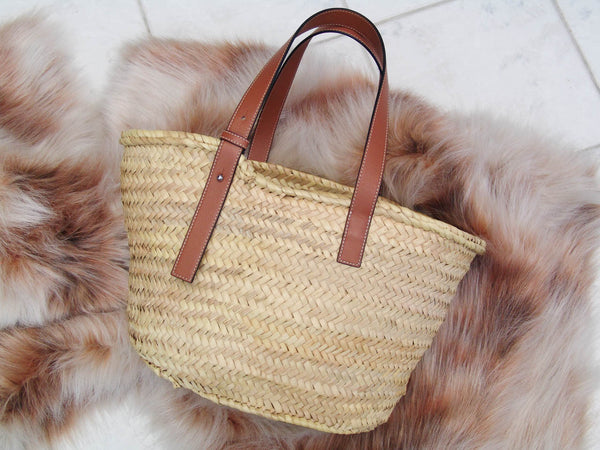 Loewe Palm Leaf & Tan Calfskin Medium Basket Bag | New