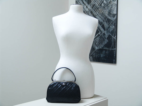 Chanel L.E. Black Lambskin Classic Top Handle Kisslock Bag
